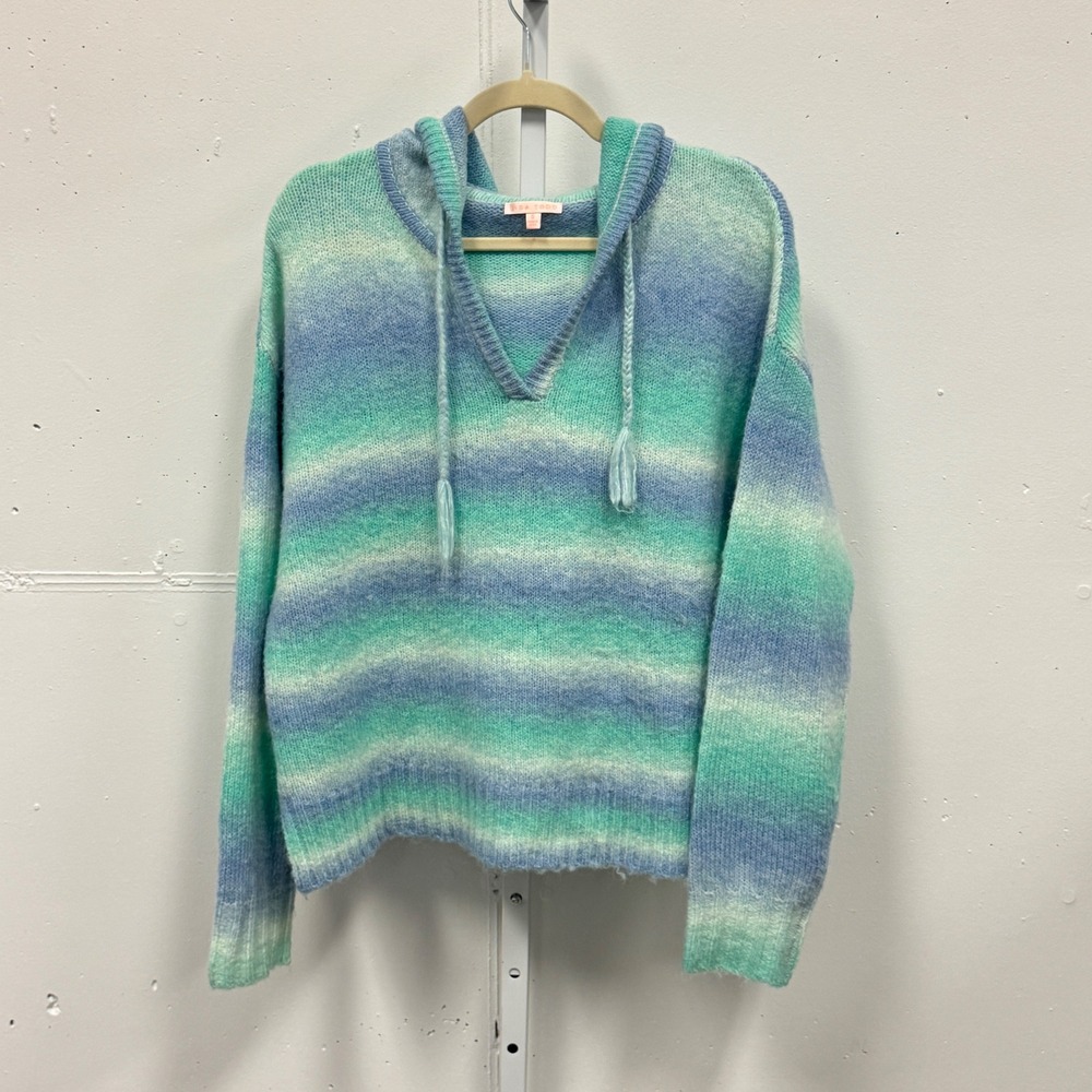 Lisa Todd Women's‎ Blue Green Ombre Striped Knit Hooded Sweater Tassel Size S